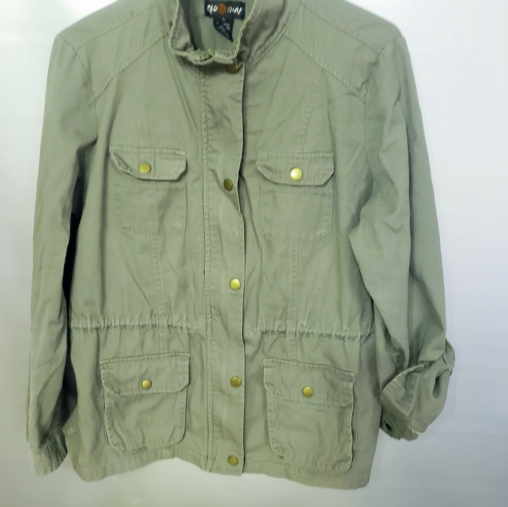 CUTE WOMANS RED SNAP GREEN KHAKI UTILITY JACKET WITH FRONT ZIPPER & SNAPS. SZ XL